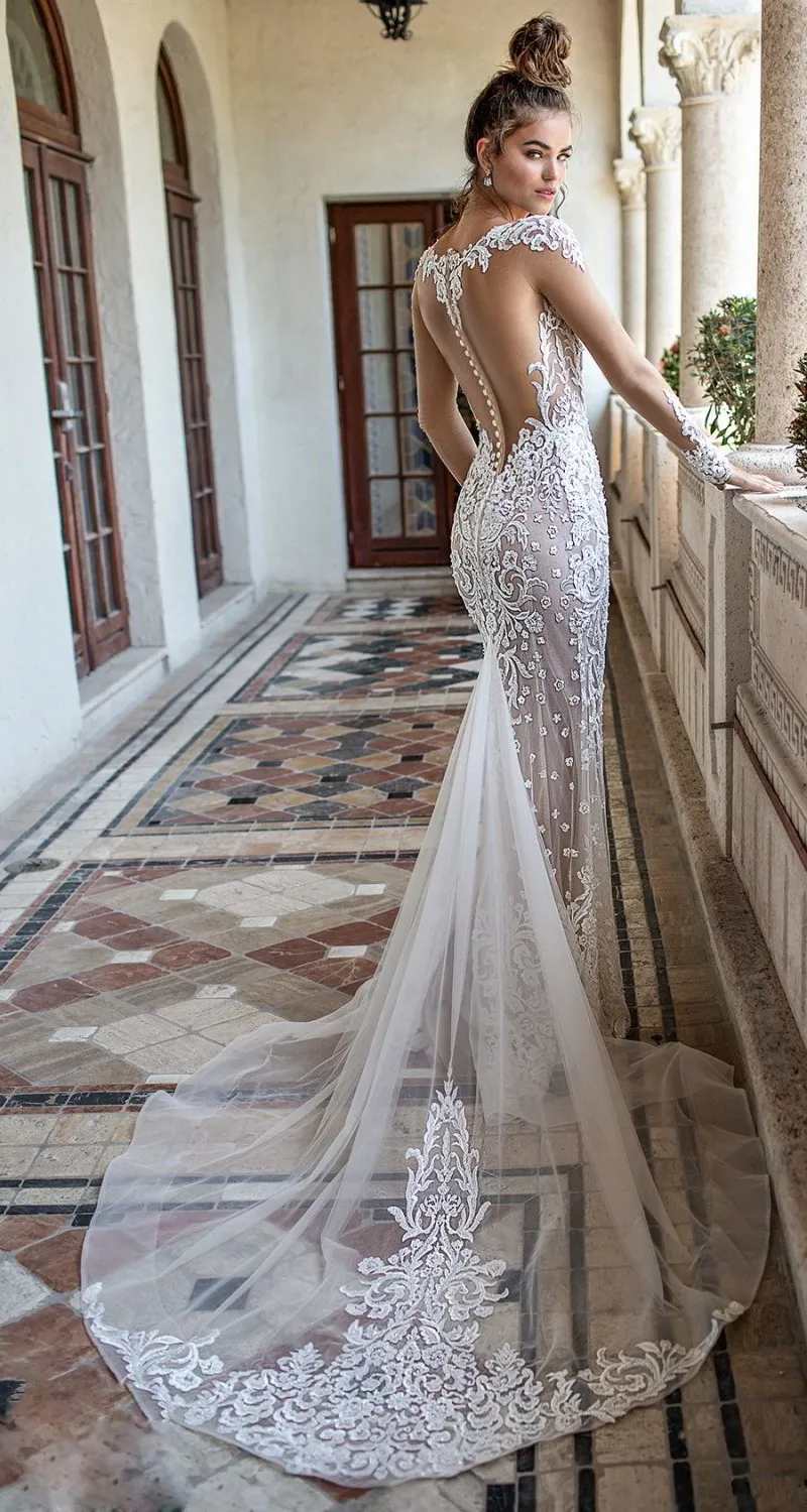 berta mermaid wedding dresses long sleeves lace appliqued sweetheart illusion bridal gowns arabilc dubai vestidos de novia