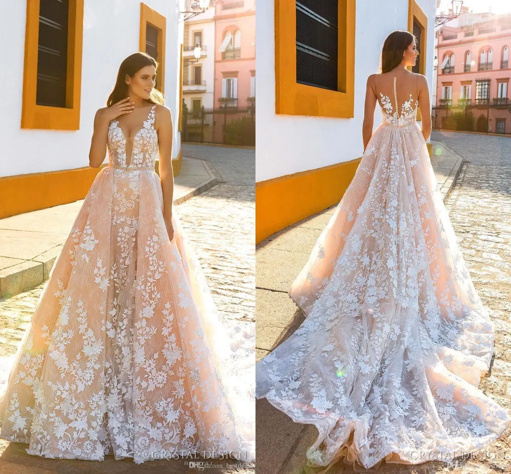 New Design Champagne Lace Wedding Dresses Detachable Train A Line Lace Applique Illusion Back Court Train Wedding Dresses Bridal Gowns