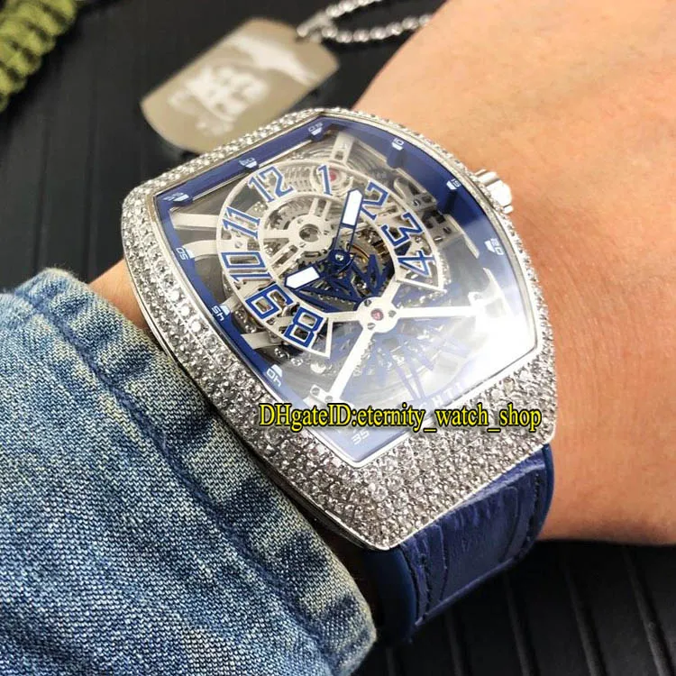 New VANGUARD YACHTING GRAVITY V45 T GR YACHT SQT White Skeleton Dial Automatic Mens Watch Silvery Diamond Case Rubber Strap Sport 246I