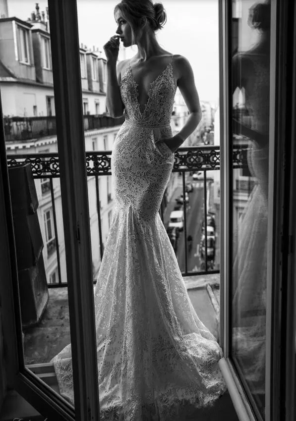Русалка Il Dror платья Спагетти с V-образным вырезом и кружевной аппликацией с открытой спиной сексуальные пляжные свадебные платья свадебное платье в стиле бохо