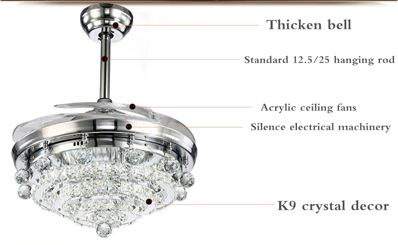 LED Crystal Fan Lights Living Room Bedroom 레스토랑 현대 천장 선풍기 42 인치 원격 제어 2238