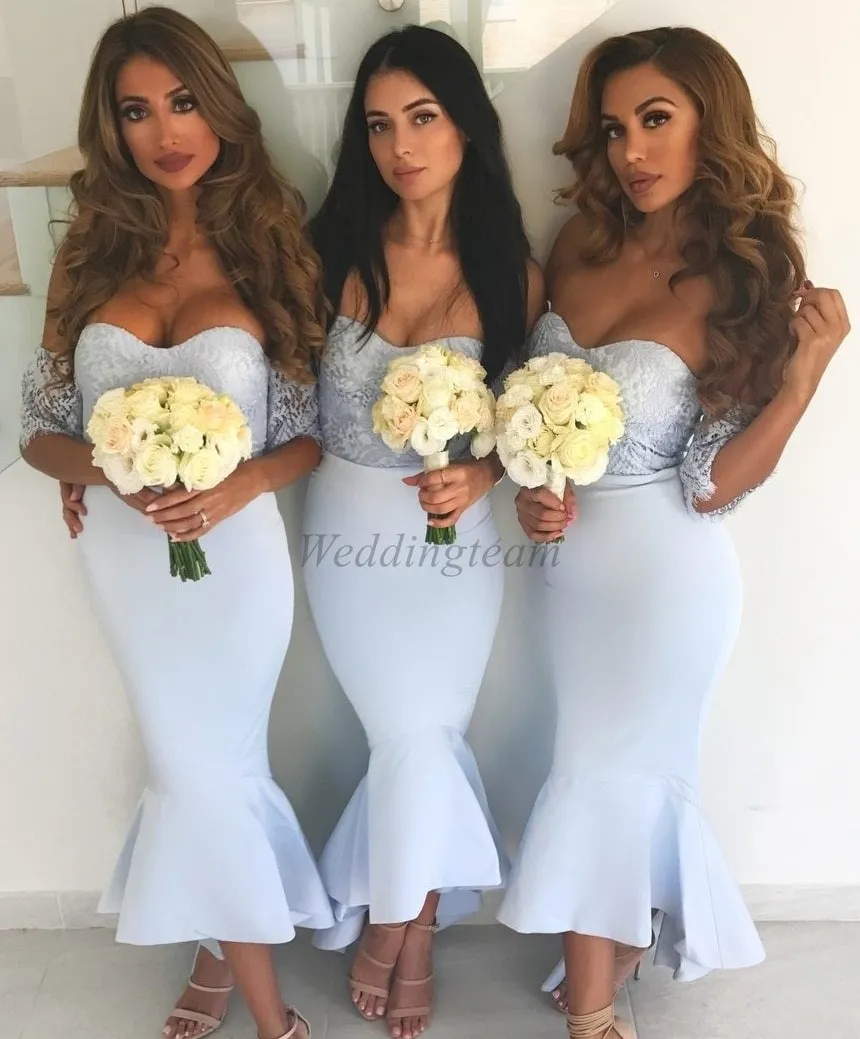 high low lace country bridesmaids dresses mermaid off the shoulder wedding guest dress short sleeves maid of honor gowns