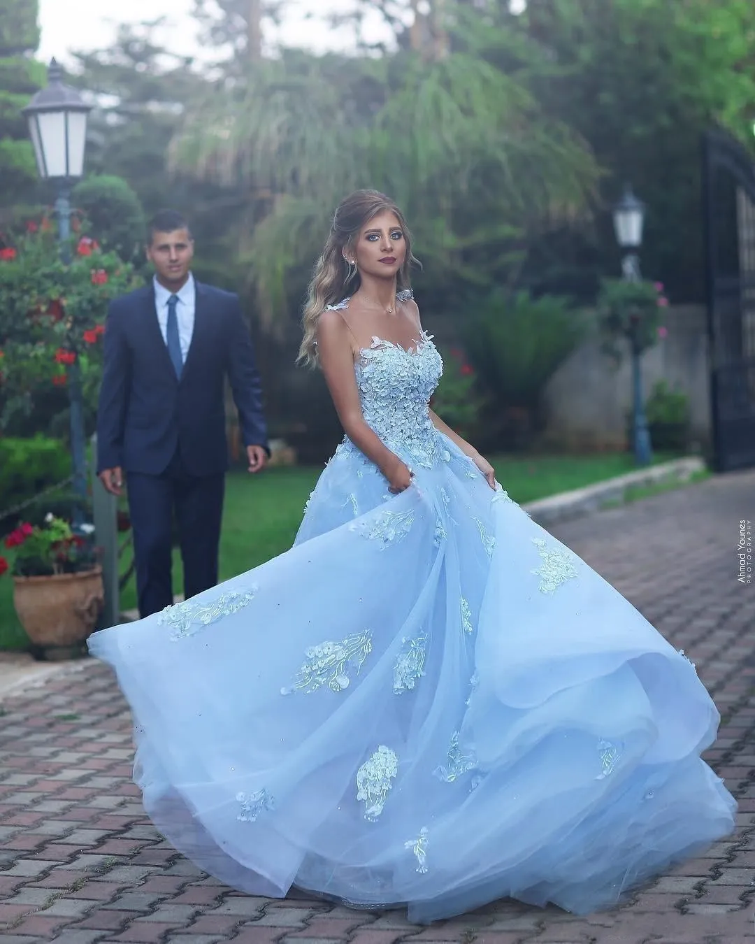 2018 Arabic A Line Sky Blue Evening Dresses Sheer Neck 3D Flowers Applique Beads Open Back Plus Size Pageant Party Dress Evening Gowns