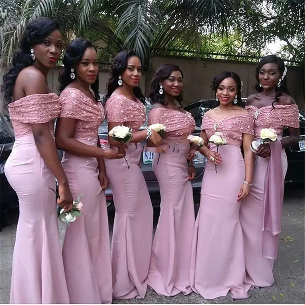 African Nigerian Pink Sequins Bridesmaid Dresses Off Shoulder Pleats Maid Of Honor Dress Formal Gowns Bridesmaid Gowns Cheap for Women