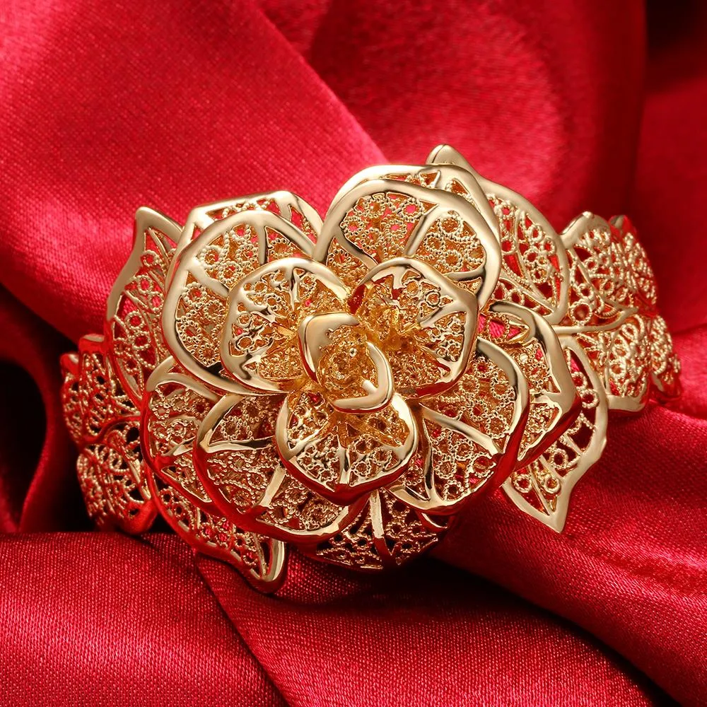 Filigree Flower Cuff Bangle 18k Yellow Gold Filled Fashion Womens Bangle Bracelet Wedding Jewelry Gift dia 58mm215S