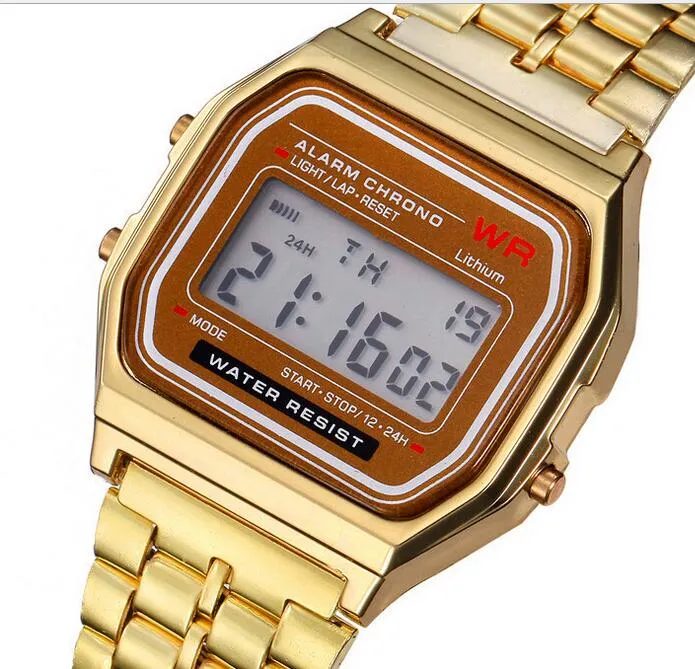 2018 Smart watches A159W watches Mens Classic Stainless Steel Digital Retro Watch Vintage Gold and Silver Digital Alarm A159W Sports Watches