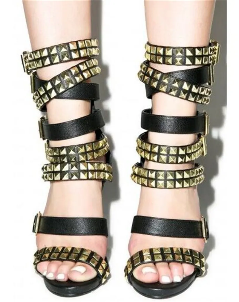 Open teen nieuwe mode dames riemen ontwerp klinknagel stiletto gesneden spike hoge hak buckle sandalen jurk schoenen 5