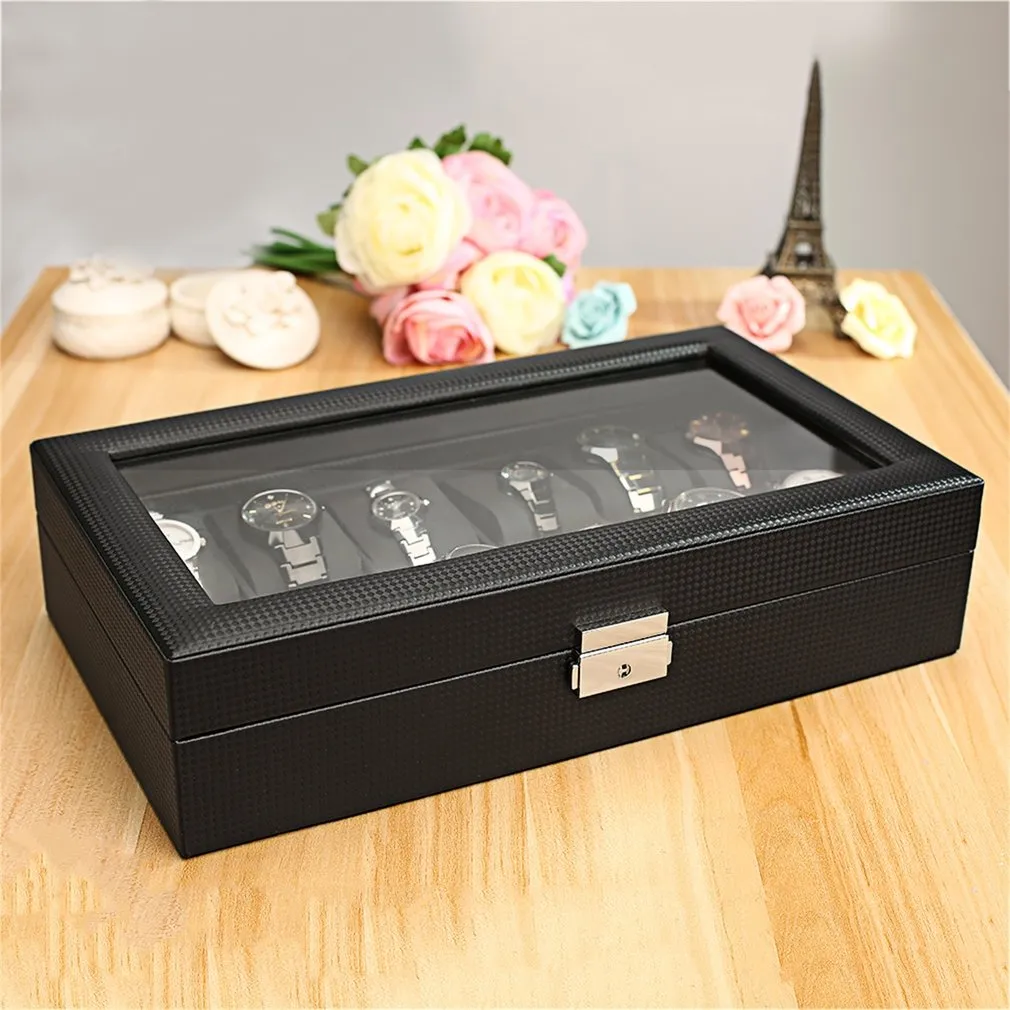 Карбоновая коробка для часов из искусственной кожи с 12 слотами, волокно, дизайн, держатель для хранения ювелирных изделий, черная большая коробка для часов saat kutusu1207g