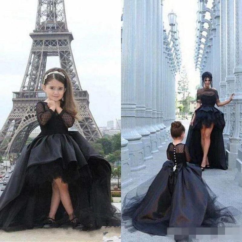 2019 Uzun Kollu Küçük Kızlar Pageant elbise Siyah Yüksek Düşük Jewel Çiçek Kız Gençler Için Elbiseler Resmi Komünyon Elbiseler