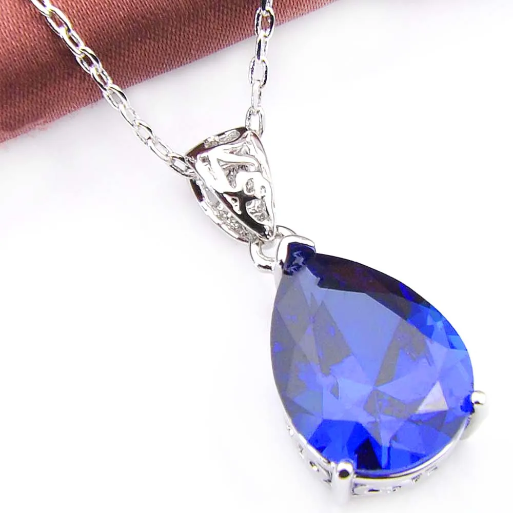 Luckyshine Fashion Fashion Diseño simple Lágrimidad Azul Zirconia Cubicstone Gemstone Silver Women Pendants Collares para boda P260F