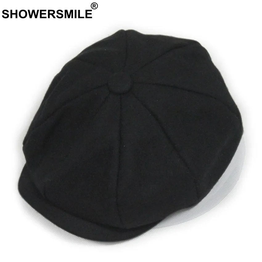 Showersmile Black Grey Wool Hat Man Newsboy Caps Herringbone Tweed Warm Winter Octagonal Hat Male Female Gatsby Retro Flat Caps S1260i