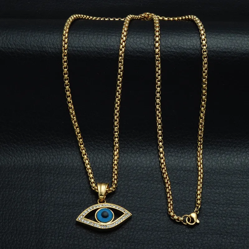 Evil Eye Pendant Necklace Stainless Steel Inlaid Crystal Turkey Good Luck Blue Eye Pendant 60cm Chain8656061