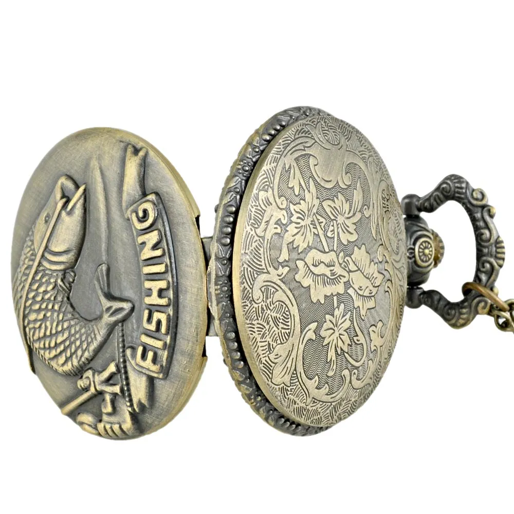 Clássico vintage bronze pesca relógio de bolso de quartzo retro masculino feminino colar pingente jóias presentes moda pocket246r