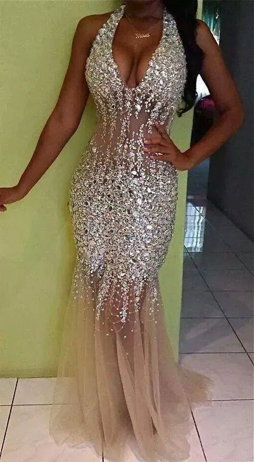 sexy bling mermaid prom dresses halter deep v neck sequined beads dress evening wear backless tulle crystal pageant formal gowns