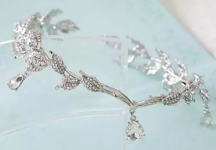 1 -częściowy srebrne kryształy kryształki liście łańcucha biżuterii na głowę na głowę pannę młodą krysztnę ślubną Hair Akcesoria 4586520