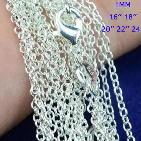 Collana in argento sterling 925 Collane a catena Rolo O Gioielli 1mm 16'' -- 24'' Argento 925 fai da te Chai327L