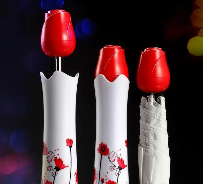 New Novelty Design Rose Vase Umbrellas Personalized Clear Rain Umbrella Super Cute And Compact 3-Folding Manually Umbrella
