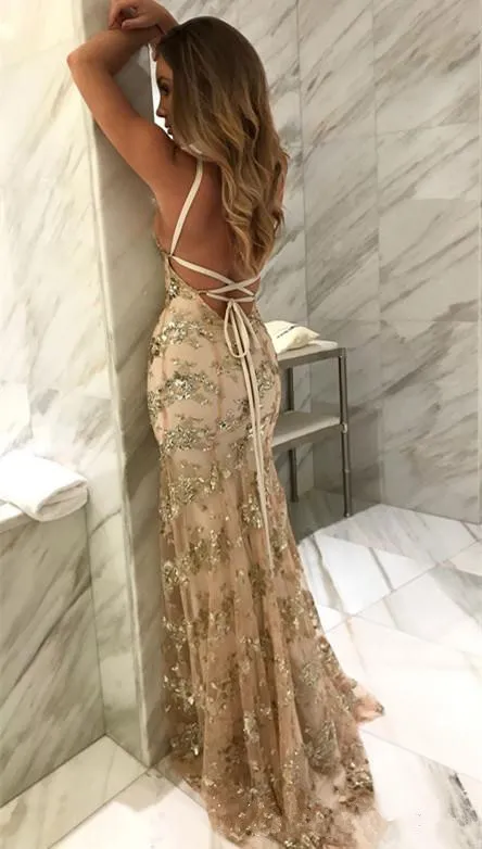 Mermaid Prom Dresses With Sequins 2018 New Backless Deep V Neck Evening Gowns Robes De Soiree