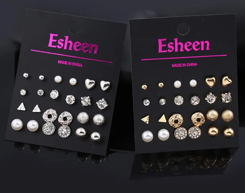 Kolczyki promocyjne złoto srebrzysty 12 styl 12 par/zestaw kolczyków serce miłości serca trójkąt wkładki w kolorze perłowym Pearl Ear Studs