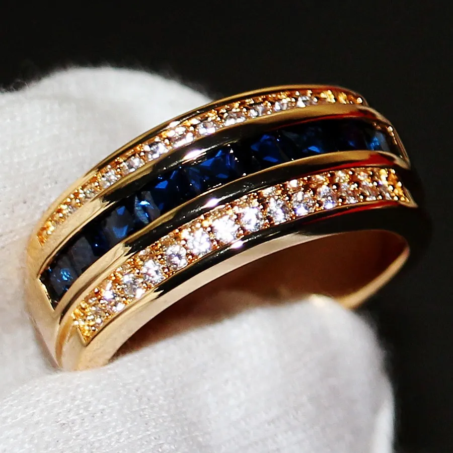 2018 New Arrival Fashion Jewelry Handmade 10KT Yellow Gold Filled Princess Cut Blue Sapphire Party CZ Diamond Men Wedding Band Finger Ring