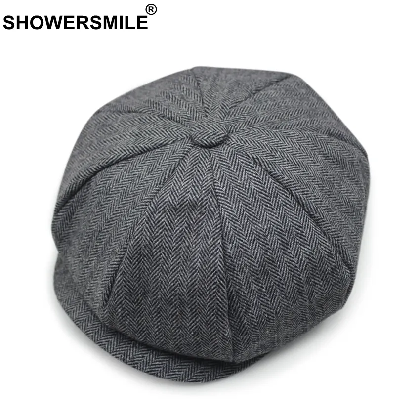 Showersmile Black Grey Wool Hat Man Newsboy Caps Herringbone Tweed Warm Winter Octagonal Hat Male Female Gatsby Retro Flat Caps S1260i