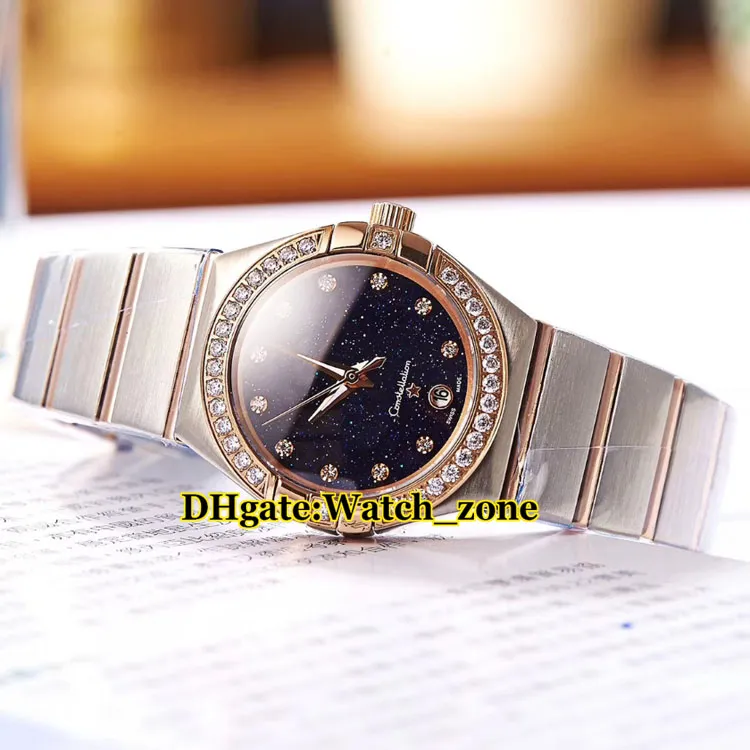 27 mm Dream Blue Starry Sky Dial Reloj de cuarzo suizo para mujer Bisel de diamante Dos tonos Oro rosa Banda de acero inoxidable Fashion Lady Watch2543