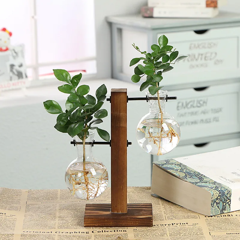 Hydroponic Plant Vases Vintage Desk Flower Pot Transparent Vase Wooden Frame Glass Tabletop Plants Home Bonsai Decorative Flowerpo287v