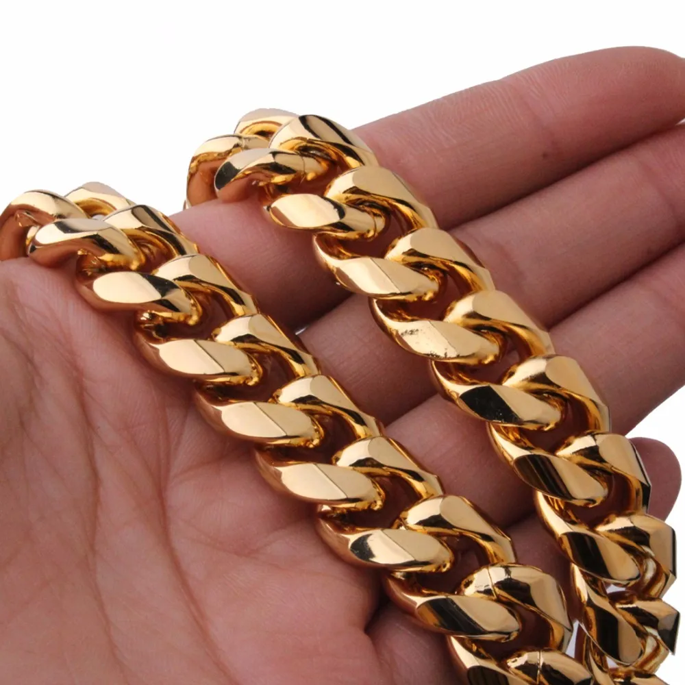 Мужская байкерская цепочка золотого цвета из нержавеющей стали шириной 15 мм, длиной 8-40 дюймов, кубинская цепочка или браслет Jewelry274t