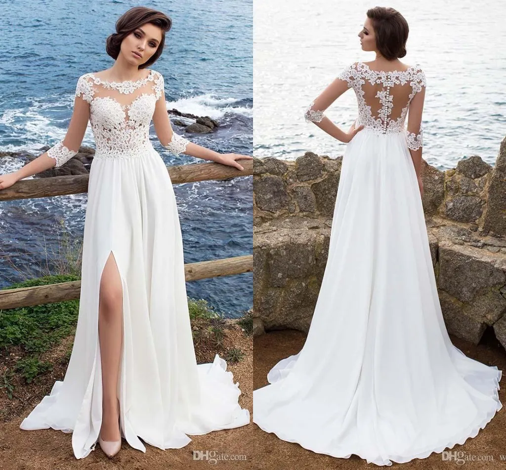Sexy Amazing Beach Wedding Dresses A Line Scoop Neck Lace Applique 3/4 Sleeves High Side Split Bridal Gowns Sweep Train Wedding Dress