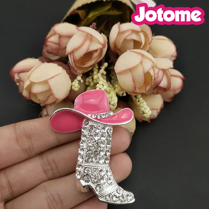 10 stuks 50mm cowboylaarzen met hoed broche pin zilver toon helder strass roze emaille trendy schoen sieraden bruiloft pinnen voor 2502