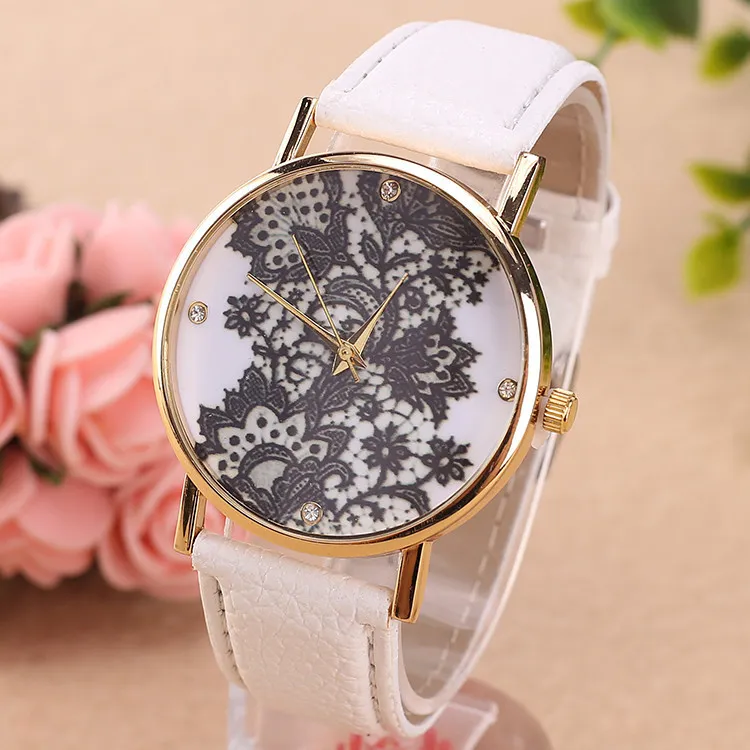 Cuir Women Fashion Quartz Wrist Wistr Lace Flower Imprimé Cuir Band Ladies Casual Analog Women039s Montres 8382911