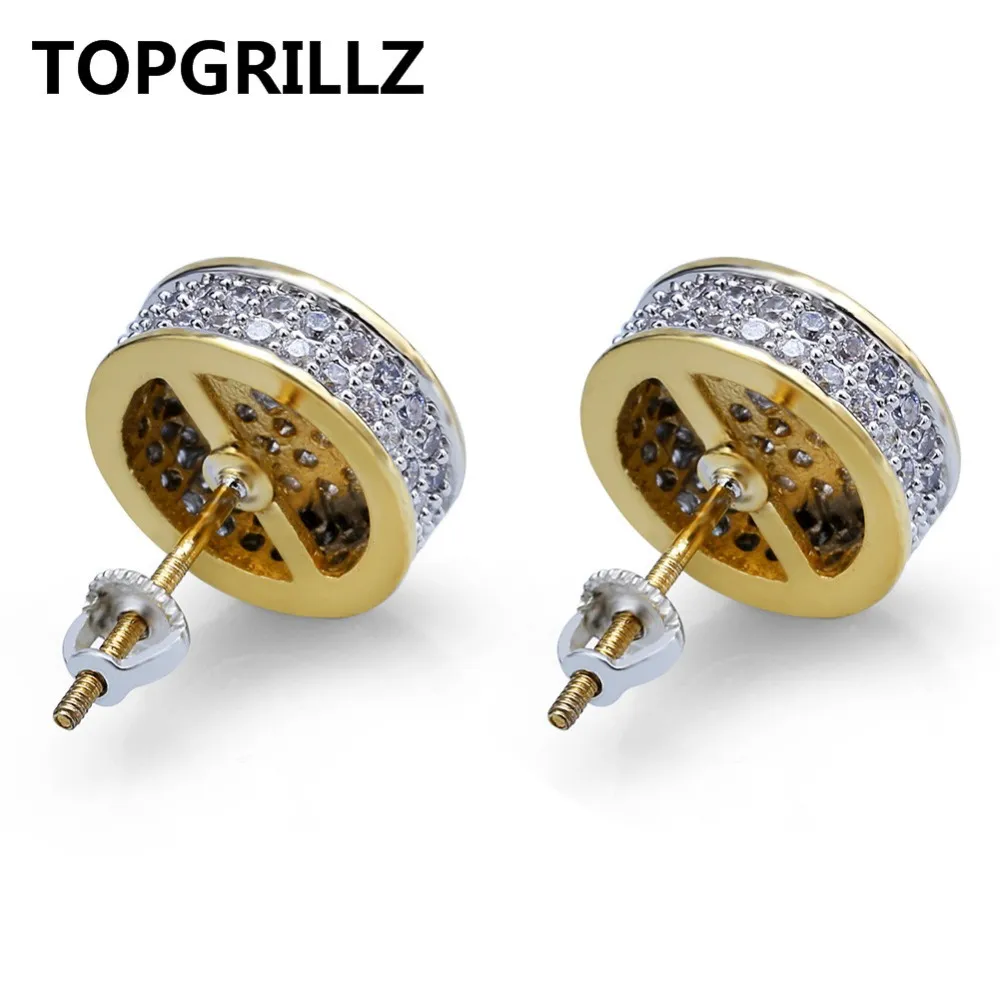 TopGrillz Gold Silver Color Iced Out Кубический циркон круглый шпилька с винтовой пряжкой мужчины женщины хип -хоп -ювелирные изделия 286e