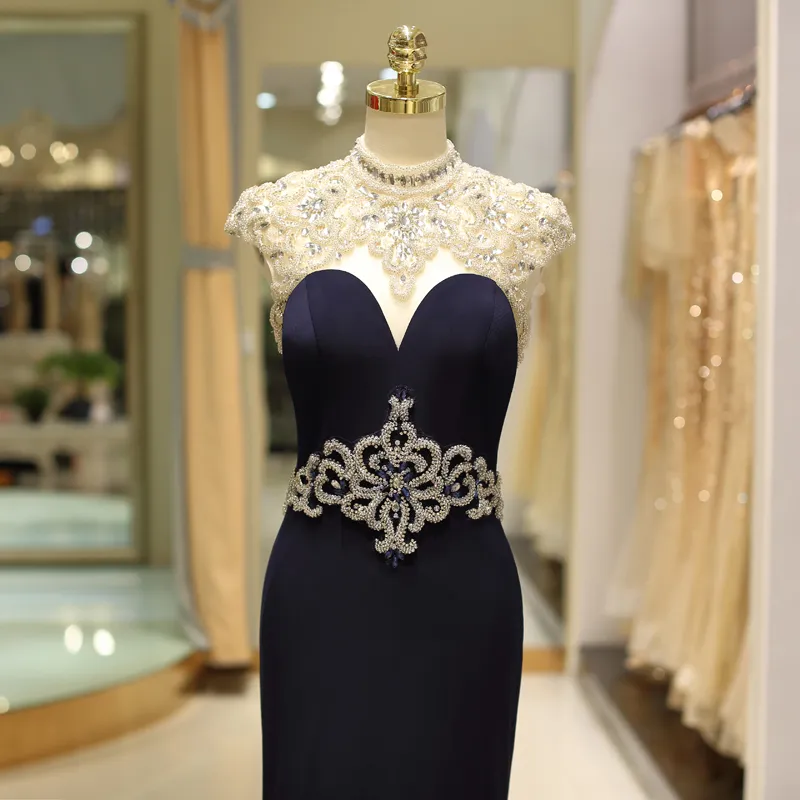 Dark 60724 Navy Vintage Evening Dresses High Neck Sleeveless Prom Back Zipper with Applique Sweep Train Size US2-16 Formal Party Gowns