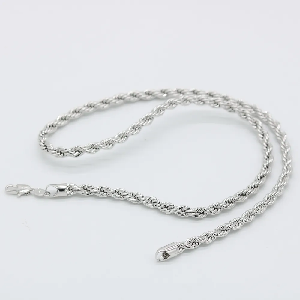 Cadena de cuerda clásica de 24 pulgadas, collar grueso y sólido con relleno de oro blanco de 18k para mujer y hombre, cadena con nudo de 6mm de ancho191q