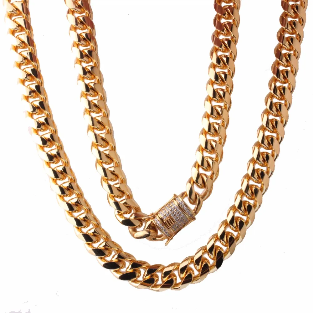 15 mm bred 8-40-tums längd Mäns cyklist guldfärg rostfritt stål Miami Curb Cuban Link Chain Halsband eller armbandsmycken253b