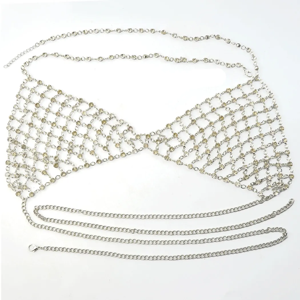 Idéalway Sexy Crystal Rimestones Body Jewelry Fashion Bikini Chain Chain Collier Hollow Out Underwear Bra Design Summer Beach278i
