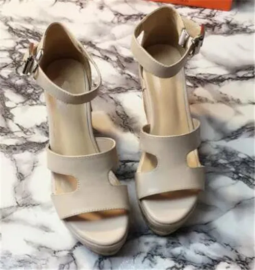 Brand Design Women Fashion Open Toe Leather Platform Cut-out Beige White Black Super High Wedge Sandals Dress Shoes