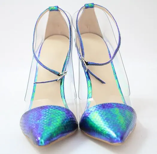 Blauwe gradiënt vrouwen kleur pvc puntige teen dunne hakpompen transparante enkelband hoge hakken formele kleding schoenen s s