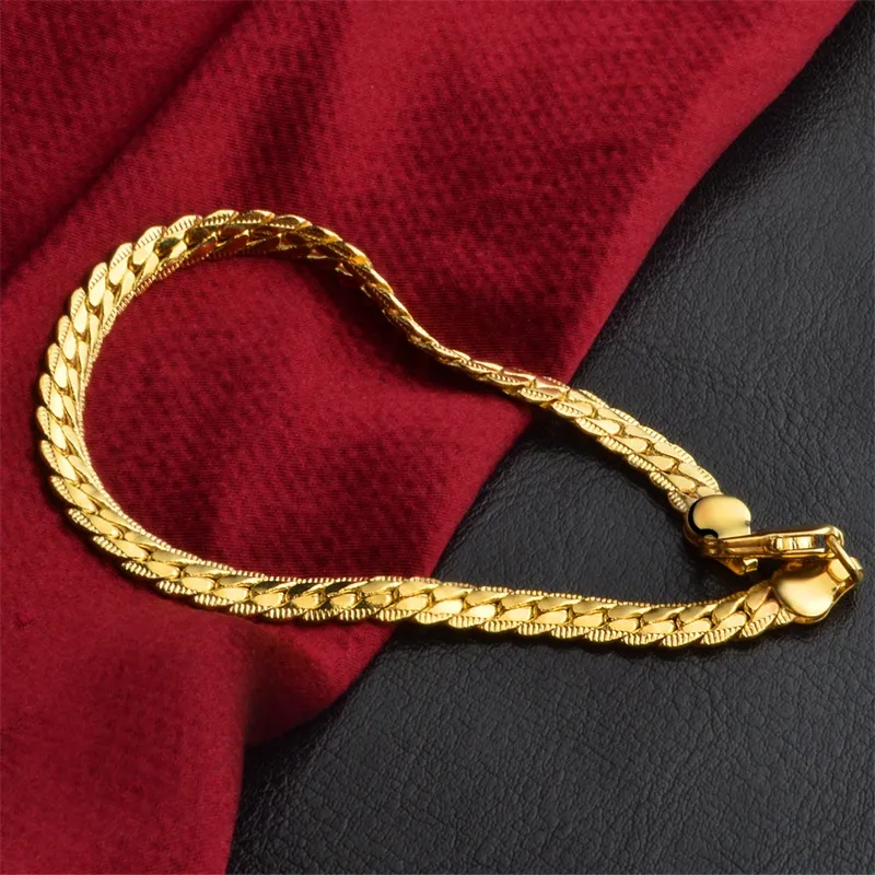 Yhamni masculino feminino pulseiras de ouro com 18kstamp nova moda cor ouro puro 5mm largura única cobra corrente pulseira jóias luxo ys2422338