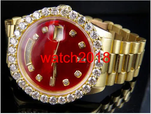 Top-Qualität Luxusuhr 18K Herren Gelbgold DayDate 36MM rotes Zifferblatt Größere Diamantuhr 5 5CT Automatische mechanische Herrenuhren N246o