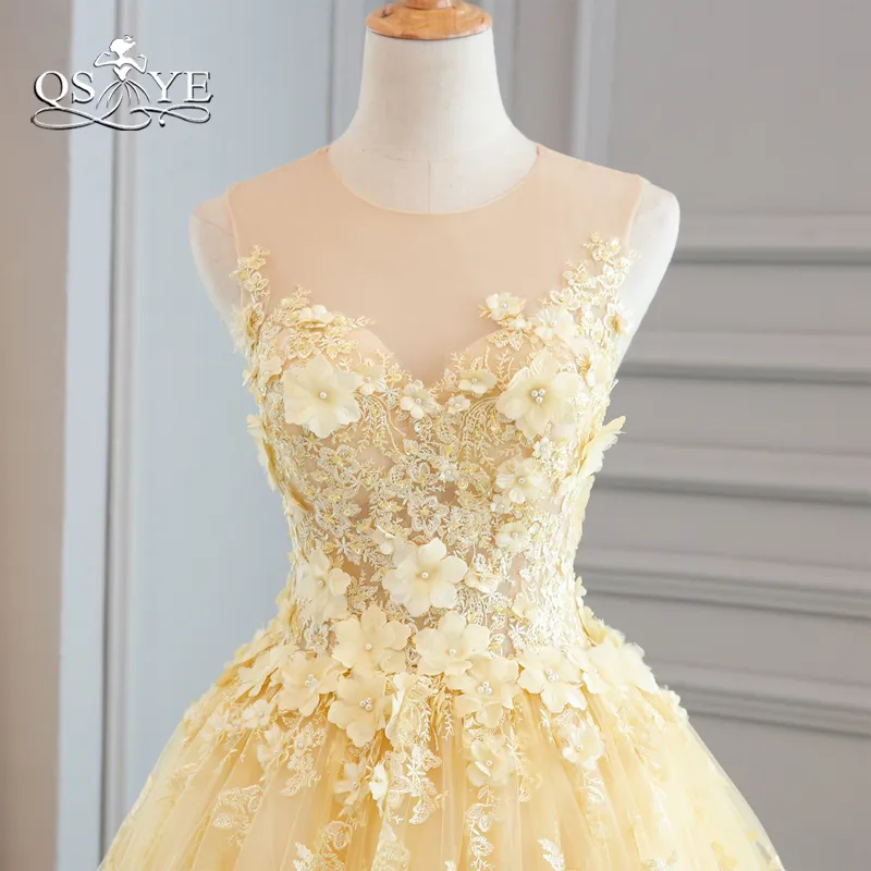 Yellow Ball Gown Long Prom Dresses 2020 Elegant Sweetheart 3D Floral Flowers Lace Floor Length Evening Dresses Party Gown Engagement Gowns