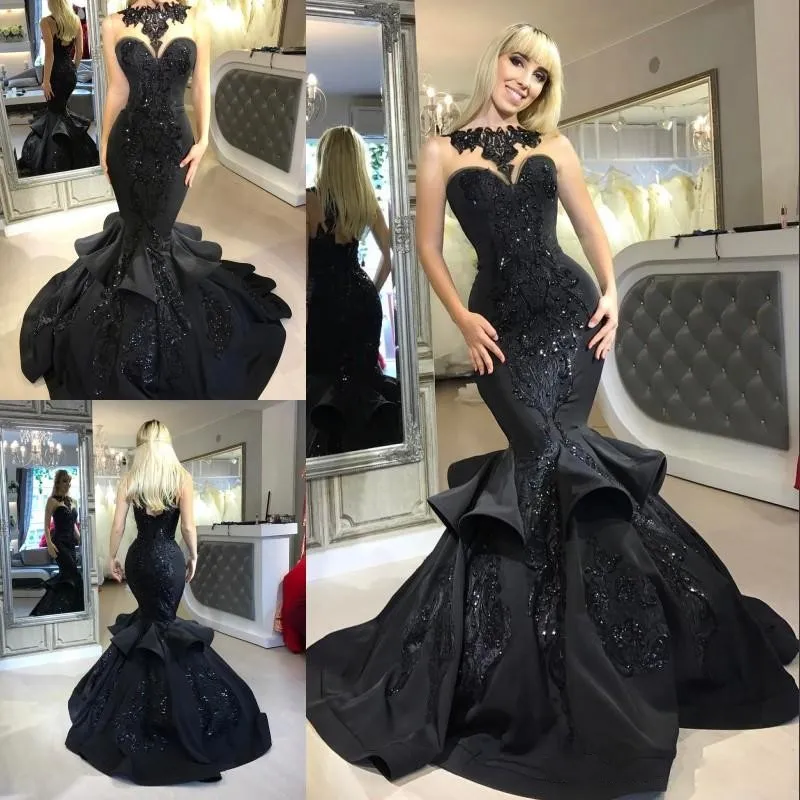 New Designer Arabic Mermaid Evening Dresses Jewel Neck Illusion Back Lace Applique Floor Length Dresses robes de soire