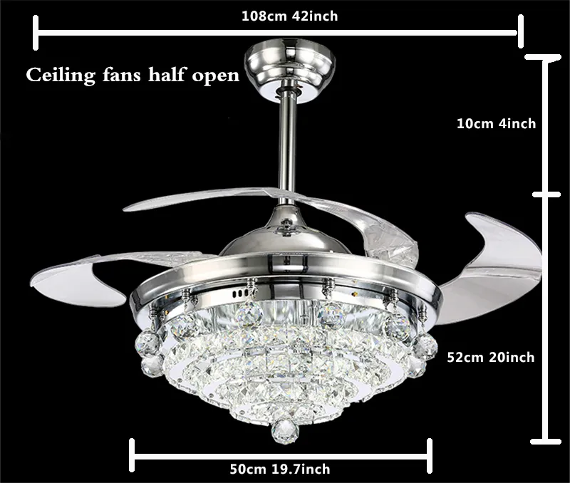 LED Crystal Fan Lights غير مرئية لمطعم غرفة نوم غرفة المعيشة معجبي السقف الحديث 42 بوصة مع التحكم عن بعد 213i