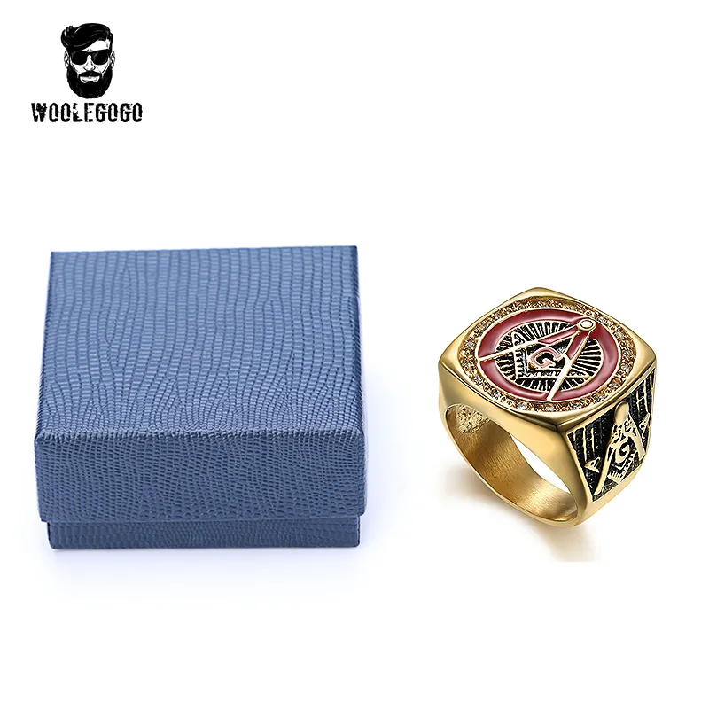 whole Red Enamel Masonic Ring Mens Rhinestone Gold Rings Vintage 316L Stainless Steel masonry CZ Ring Punk Men Jewelry Gif274P