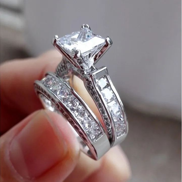 Luxury Size 5 6 7 8 9 10 Jewelry 10kt white gold filled Topaz Princess cut simulated Diamond Wedding Ring set gift with box298K