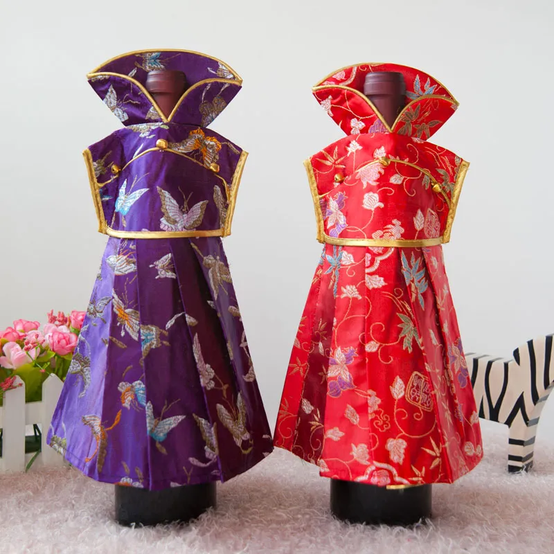 Vestido de las mujeres decoración de la botella de vino de la boda ropa de la cubierta de la tela de seda china botella de vino de navidad botellas decorativas 750 ml 50 unids / lote