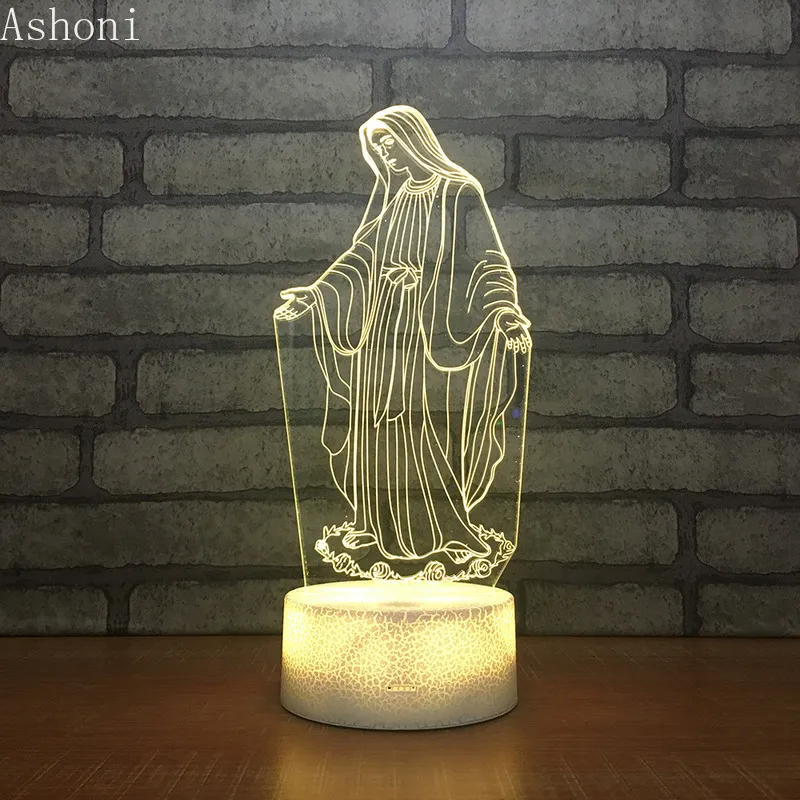 3d acrílico led noturno luz abençoada Virgem Mary Touch 7 Cor de mesa Lâmpada de mesa Party Party Decorative Light Christmas Gift286J