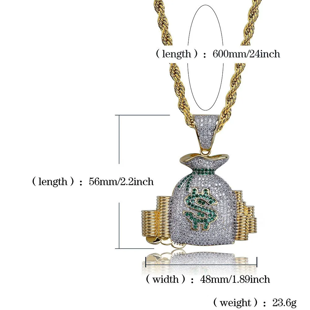 Nuovo sacchetto di soldi con micro pavé di zirconi cubici Collana con ciondolo Bitcoin Rame color oro Gioielli punk uomo Donna234V