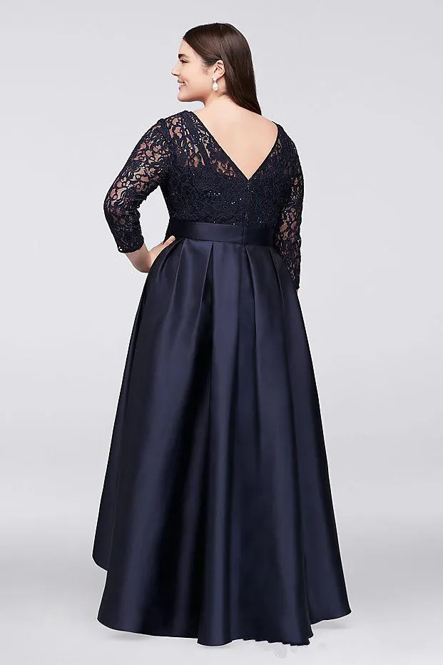 Black Plus Size Formal Prom Dresses 3/4 Long Sleeves Sheer Jewel Neck Lace High Low Evening Gowns Cheap Short Party Dress