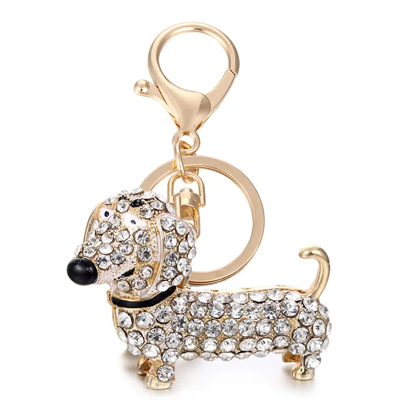 Rhinestone Crystal Dog Dachshund Keychain Bag Charm Pendant Keys Chain Holder Key Ring Jewelry For Women Girl Gift 6C08041302v